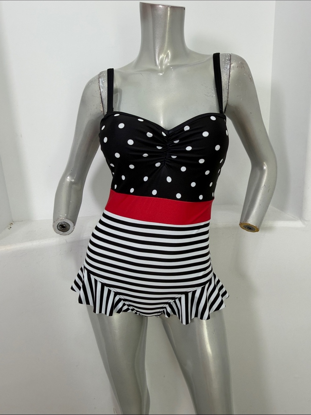 ModCloth Katie Polka Dot Striped Retro One-Piece Swimsuit Red Waistband Size S